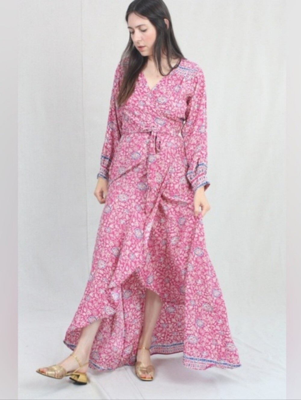 Natalie Martin Kate 100% Silk Long Sleeve Wrap Maxi Dress Size Small - Picture 3 of 5